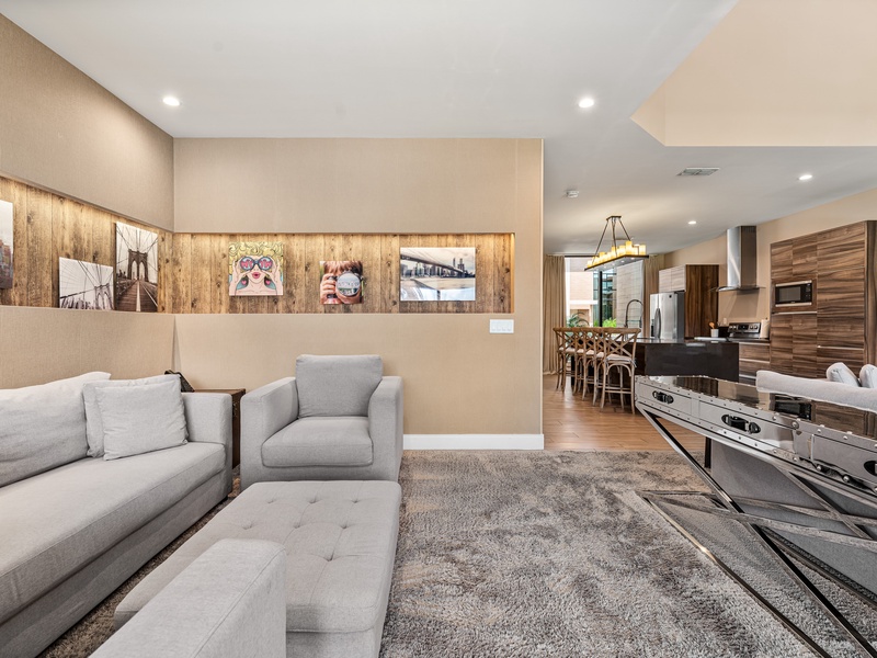 Open-concept spaces with plush seating, perfect for relaxing and enjoying comfortable movie nights.