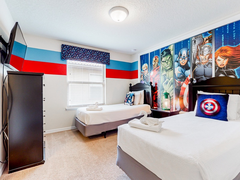 Bedroom #3 Avengers with 2 twin beds. Attached to a jack & jill style bathroom