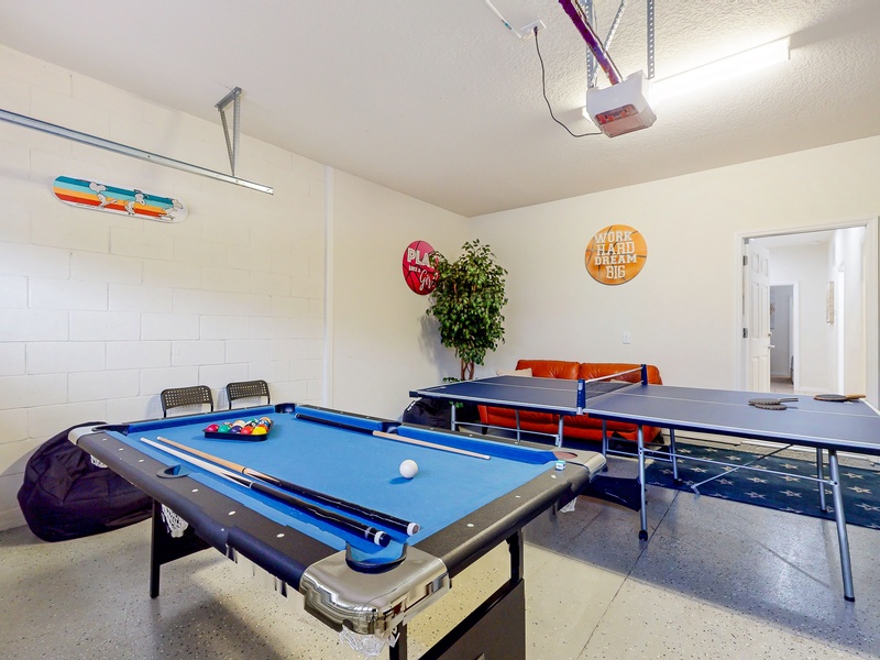 Converted garage with pool table, ping pong table & foosball