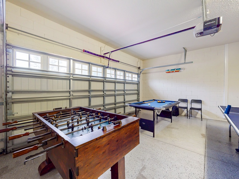 Converted garage with pool table, ping pong table & foosball