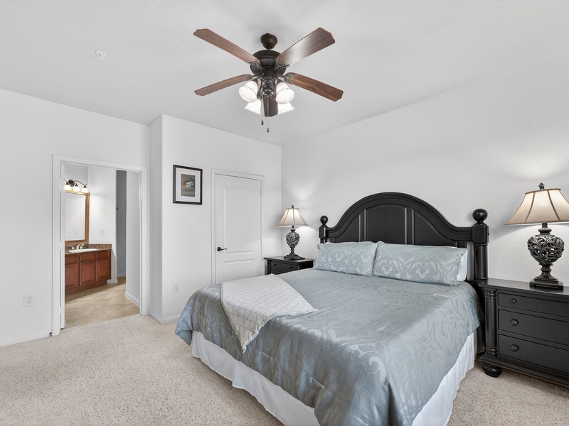 Our master bedroom features its own private bathroom with a shower and tub for added convenience.