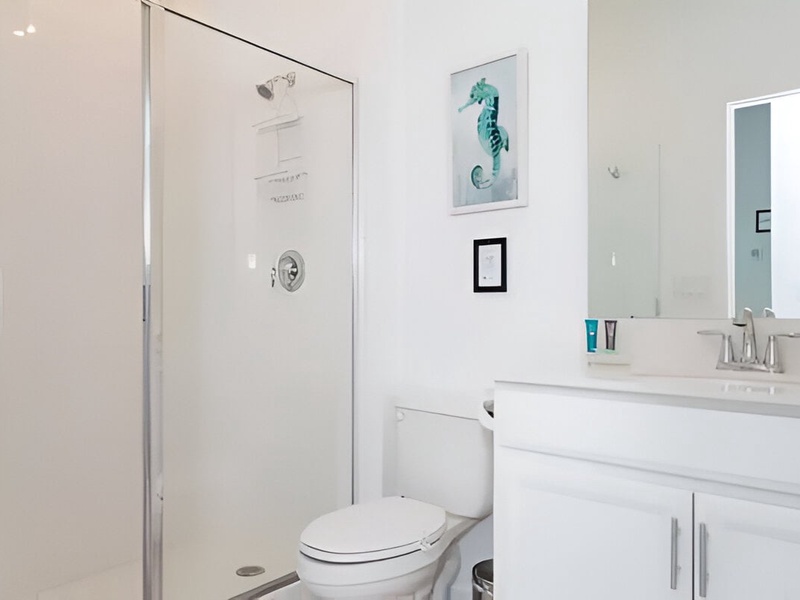 Guest bathroom with shower and vanity.