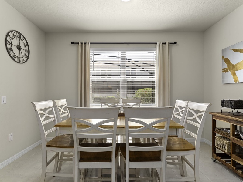Our dining table seats up to 8 people, making it perfect for enjoying meals with family or hosting game nights.