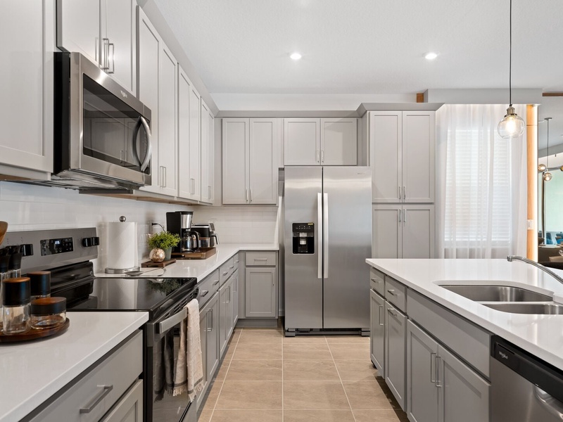 Our kitchen is fully-equipped with new stainless steel appliances.