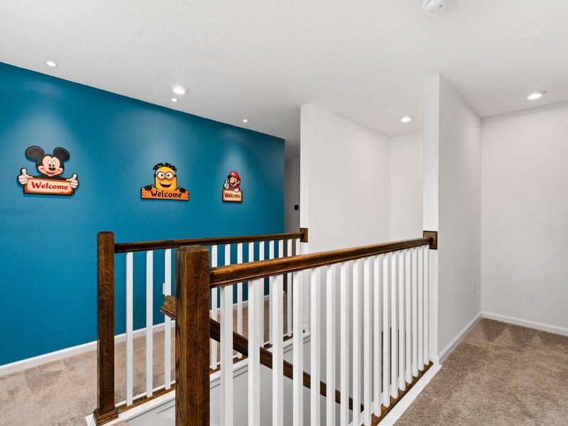 All the themed bedrooms for kids (and adults!) are on one side, connected in playful ways.