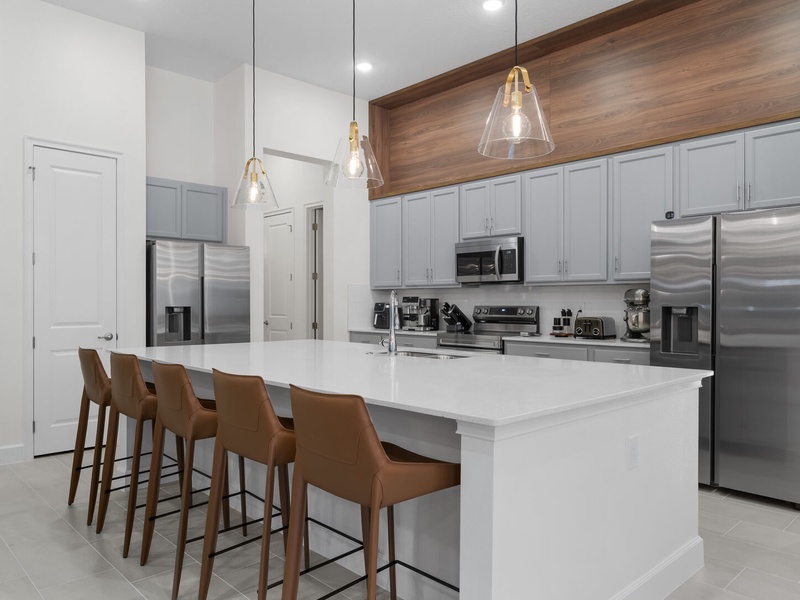 Our kitchen is fully equipped with stainless steel appliances with everything you need to get ready for the day.