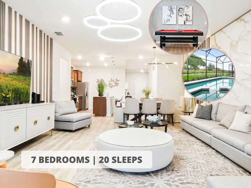 Enjoy a magical Orlando getaway in this 7-bedroom, 5.5 bathroom with private pool, game room and resort access. Ideal for large groups!