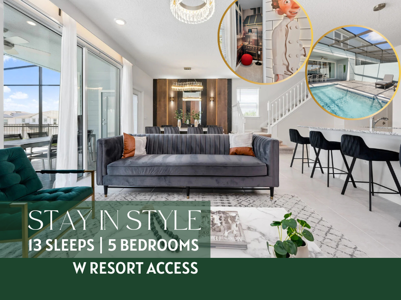 Stay in style at our townhome with a private pool, outdoor dining space, multiple themed room and full resort access. And all close to Disney!