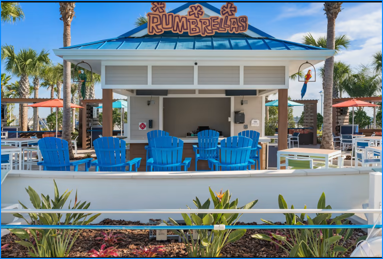 Windsor Island features multiple lounge chairs and cabanas, perfect for basking in the sun.