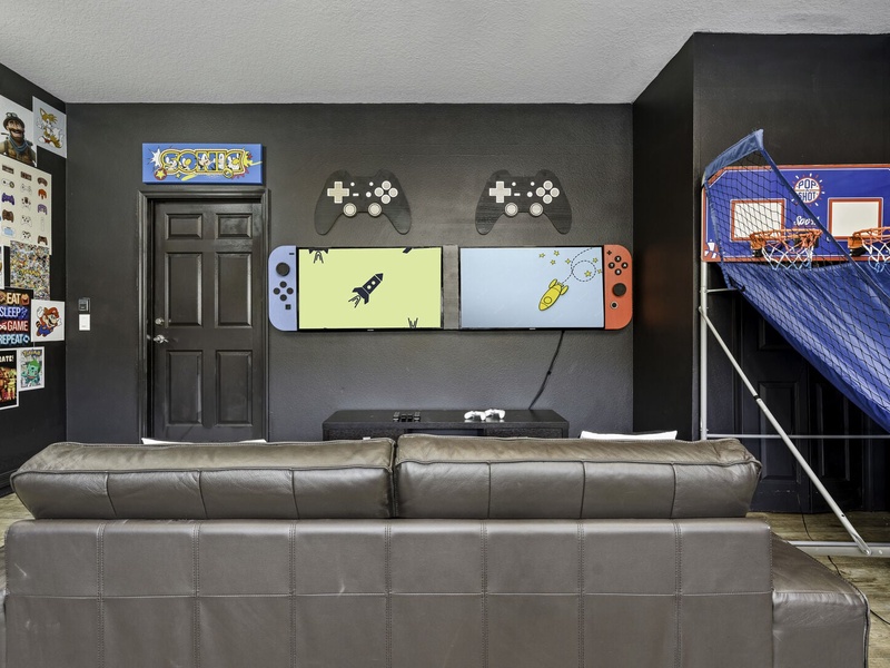 Our game room is complete with a game console for endless gaming excitement!