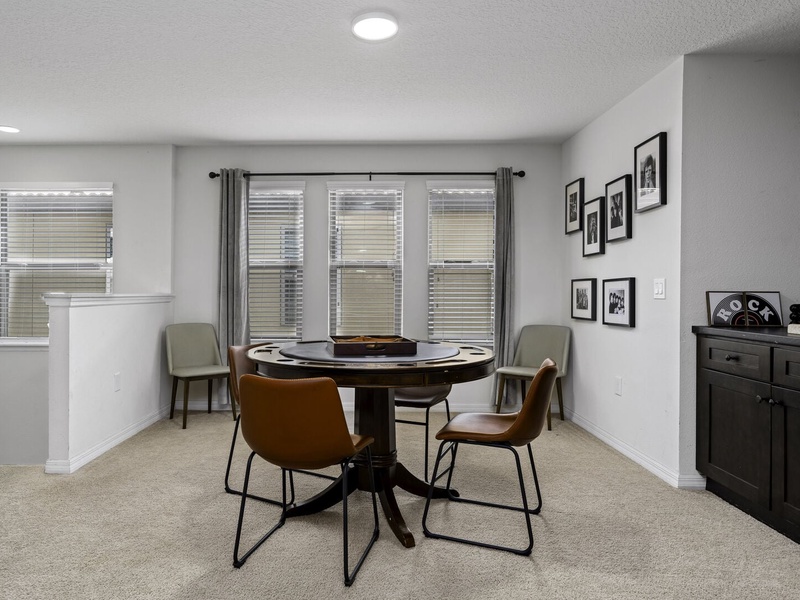 A pocket table and a mini bar is available for game nights.