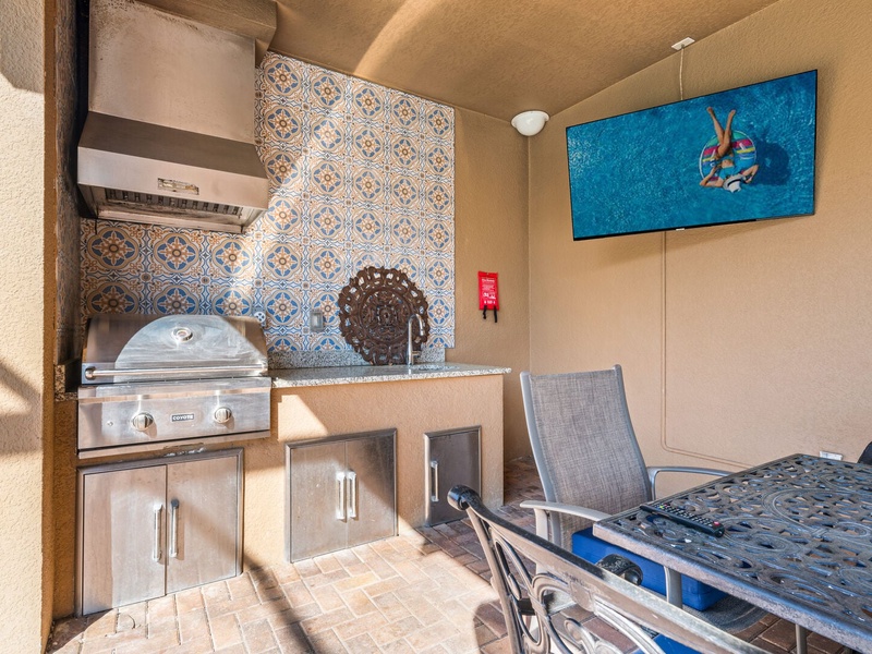 The house features  its own private pool, BBQ grill, spacious dining setup, and a TV.