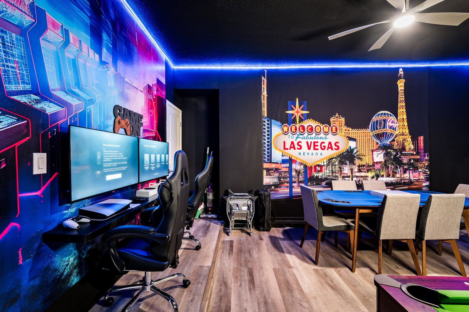 Viva las Vegas! Our Vegas-style game room features a game console, pool table, foosball table, and its own mini theater room.