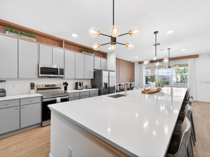Our kitchen is fully equipped with stainless steel appliances with everything you need to get ready for the day.
