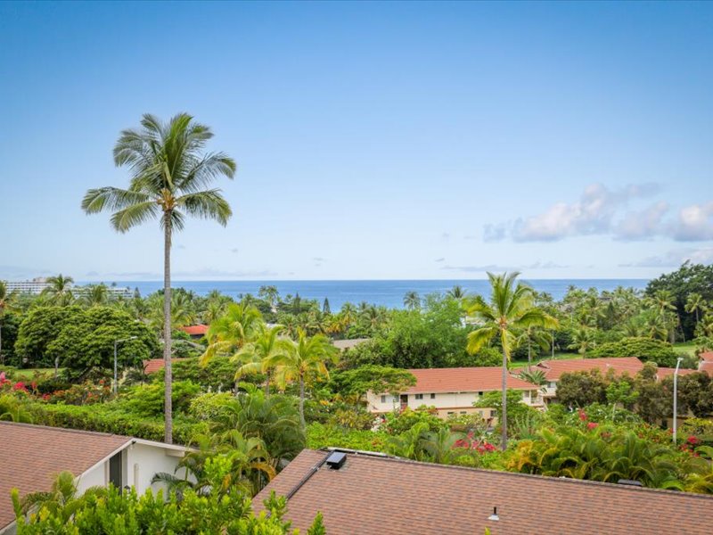 Enjoy panoramic views of the Kona coastline framed by swaying palms and lush tropical greenery