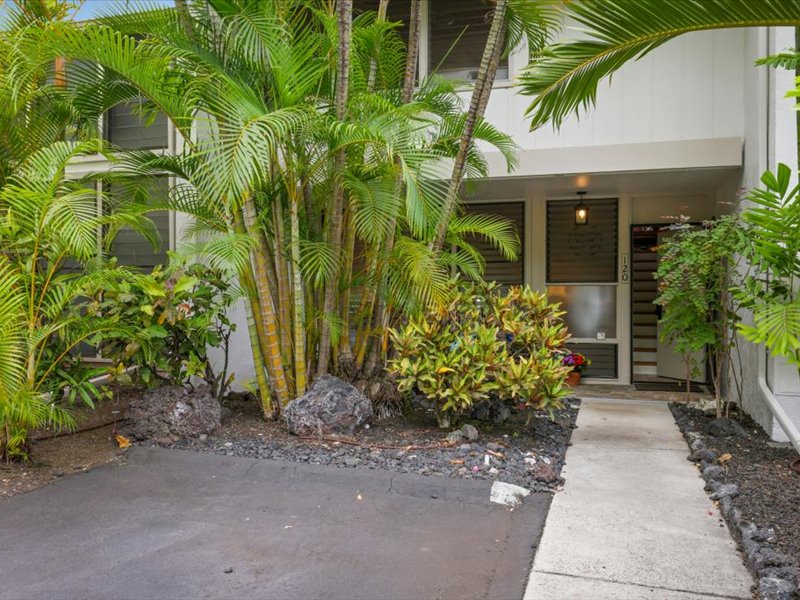 Tropical front entrance surrounded by lush greenery and lava rock accents