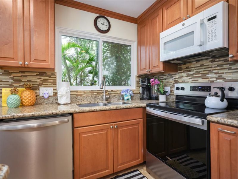 Well-equipped kitchen with granite counters, stainless steel appliances, and tropical views just outside the window.