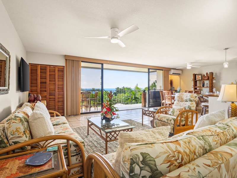 Enjoy sweeping ocean views from the comfort of this bright, breezy living space—perfect for unwinding after a day at the beach