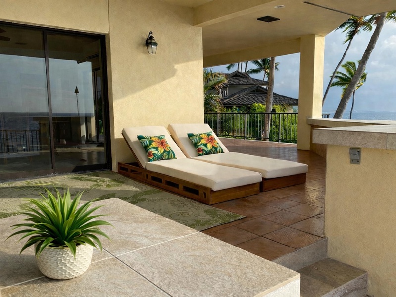 Relax on the covered lanai overlooking the pool, ocean, and Kona
