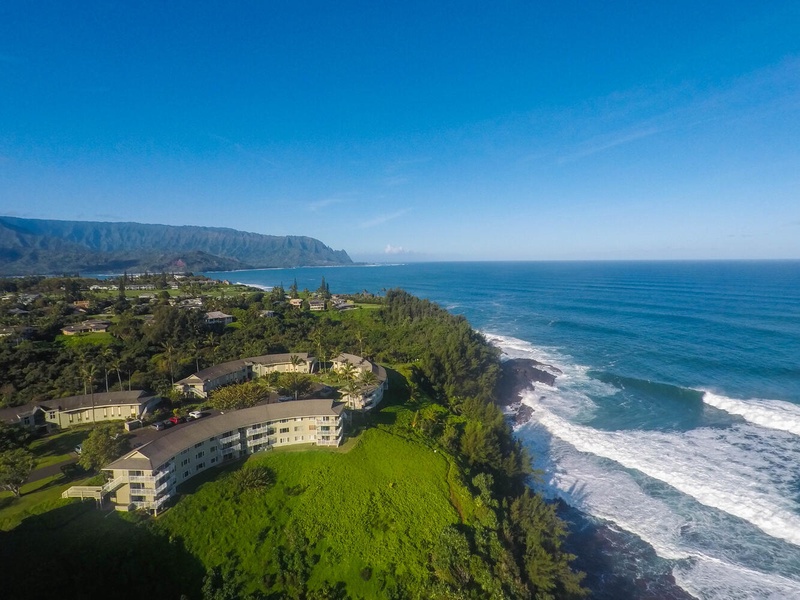 An aerial view of the Ali'i Kai complex. The buildings are situated right on the bluffs, and most have incredible ocean views!