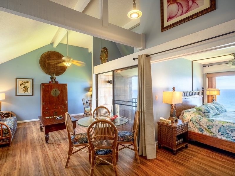 The dining area has seating for four; plenty of room for your whole party to enjoy a nice dinner together! Be warned, though, that the master bedroom is only separated by a curtain, and sound travels easily. 