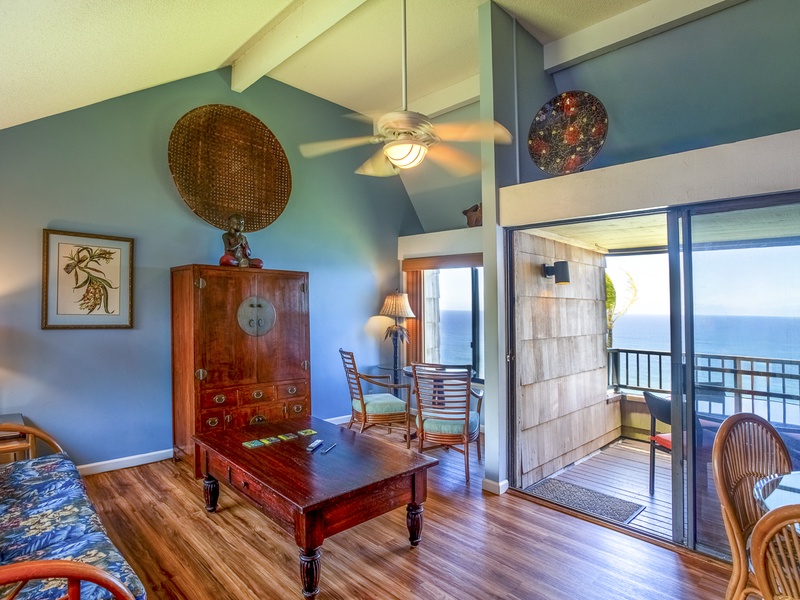 Although there's no A/C in the unit, leaving the doors and windows open lets the tropical tradewinds fill the house and keep you cool! You'll even be able to hear the ocean below you, too. 