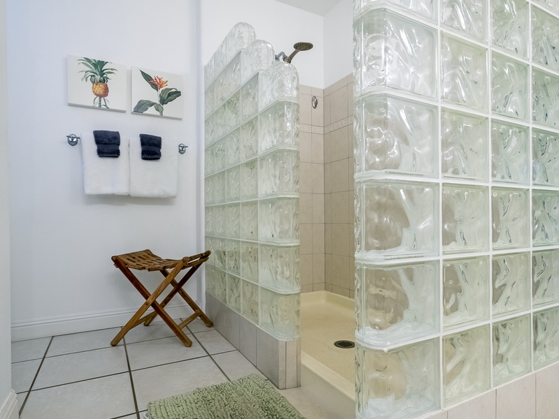 The spacious walk-in shower is a treat at the end of your long days spent exploring the island!