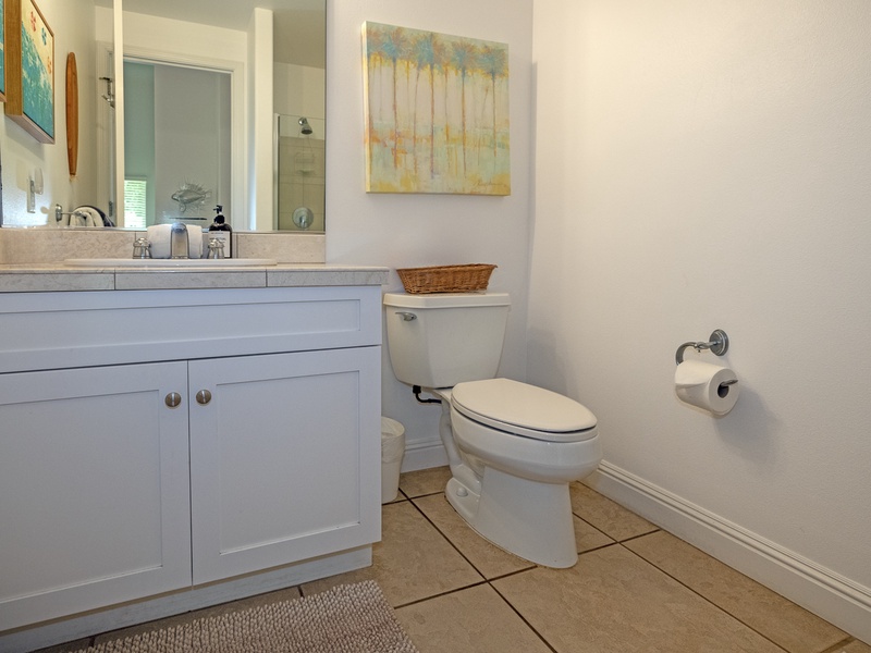 The guest bedroom is just across the hall from the bathroom, you don't even have to go up the stairs!