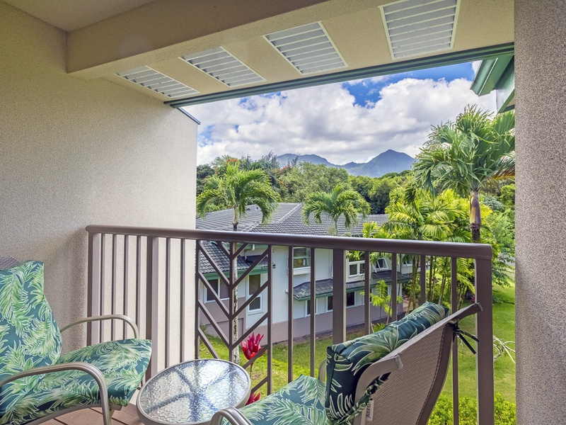 The upstairs master also features its own private lanai with beautiful mountain and waterfall views! The perfect spot to enjoy a moment of peace outside with your morning coffee