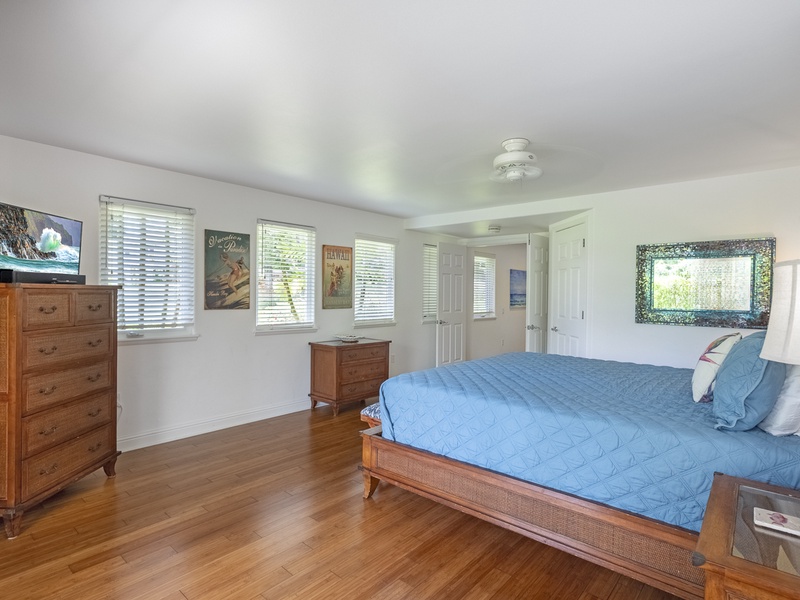 There's plenty of storage space for all your clothing, and a TV at the foot of the bed for fall-asleep-viewing of all your favorite shows/movies!