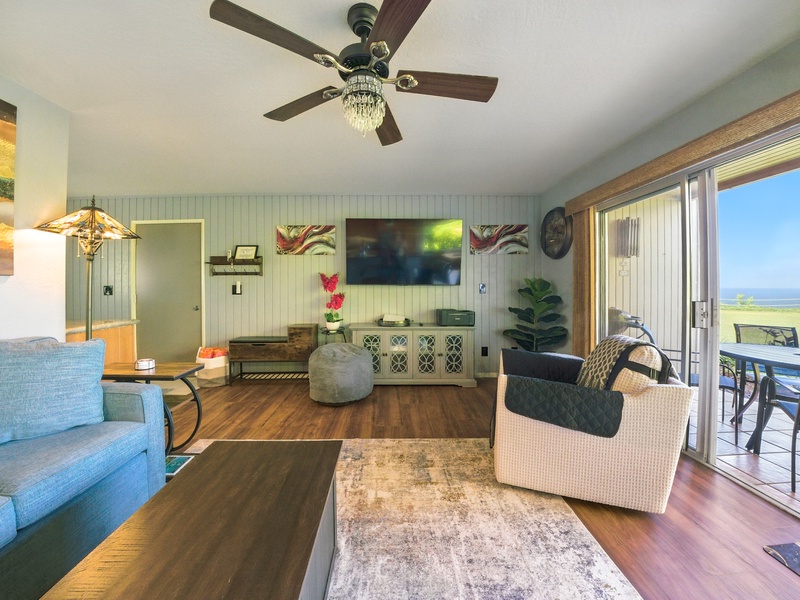 The unit's spacious private lanai is located just off the living room, and leaving the sliding door open while you relax will let in the sounds of the crashing waves below, as well as the cool ocean breezes!