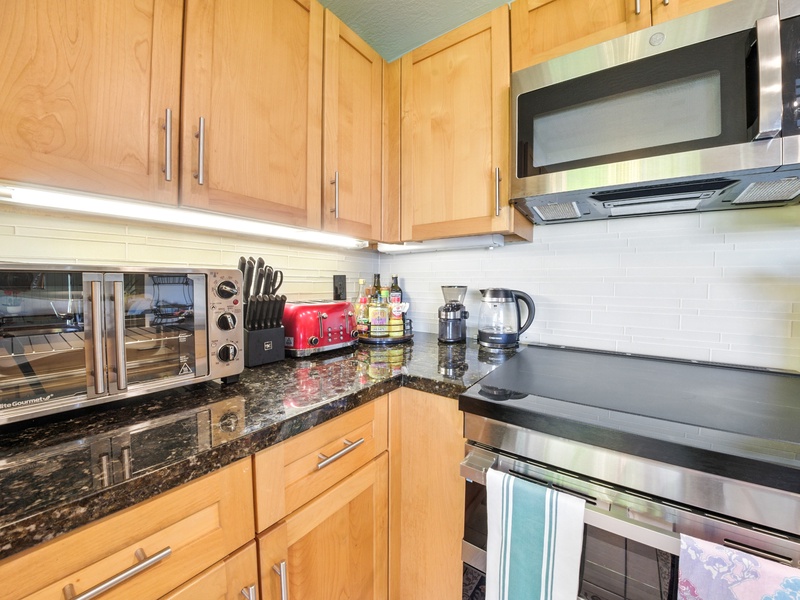 In addition to the stove and microwave, unit 132 also has a toaster oven to make you miss your air fryer back at home just a little less!