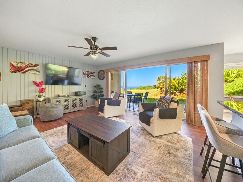 From unit 132's living area and lanai you'll be able to see all the way out to the Pacific, perfect for catching sunset and sunrise from the comfort of your home-away-from-home!