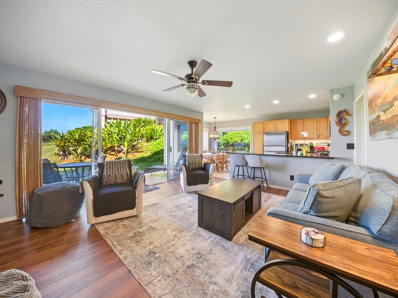 The main living area, including the separate dining nook and full kitchen.