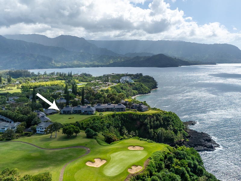 An aerial view of the Pali Ke Kua complex, conveniently located directly next to the nationally acclaimed Makai Golf Course. The building with unit 132 is highlighted by the arrow!