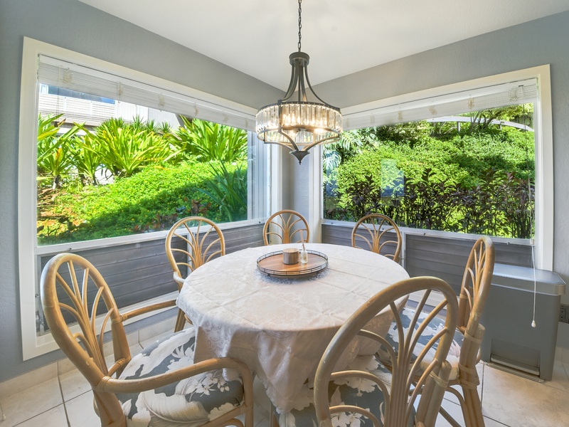 The charming little dining nook is surrounded by windows, and conveniently seats 6. Your whole party will enjoy plating up some take-out and then taking in the views over dinner!