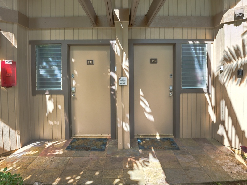 The front doors to unit 131, and its sister unit 132 next door. These two units can be rented separately, or as one larger condo if your group needs more space!