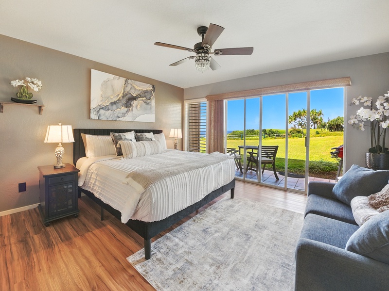 The combination bedroom and living space in unit 131. There is a portable air conditioner in the condo as well, to keep you cool and comfortable on those warmer days!