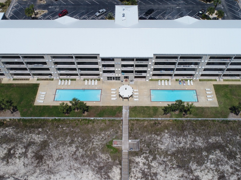 aerial view of pool area