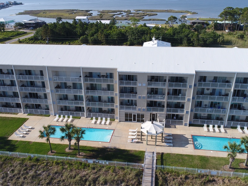 aerial view of building & pool area