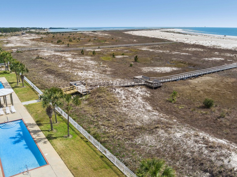 view of boardwalk & pool area