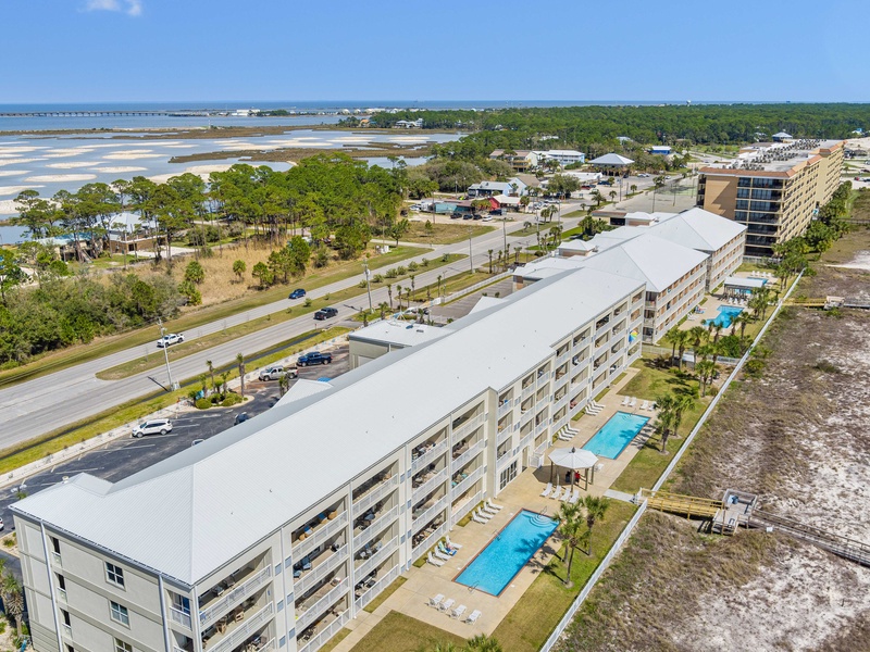aerial view of pool area