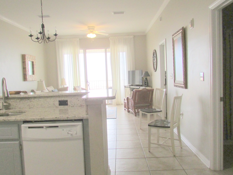 Entire kitchen, dining, and living room have a view of the Gulf!
