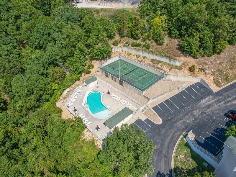 Aerial view of the pool & tennis courts