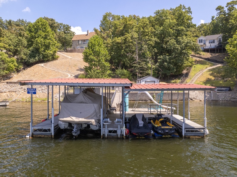 Aerial view of the dock and the house