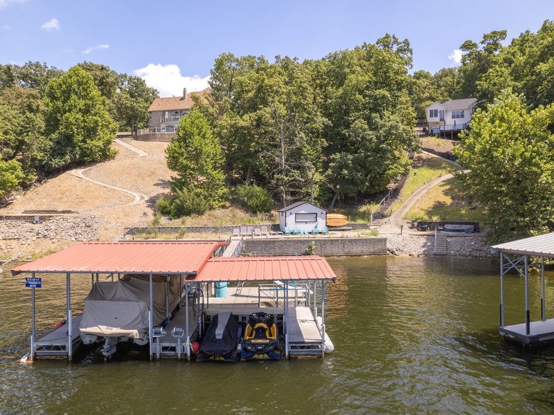Aerial view of the dock and the house