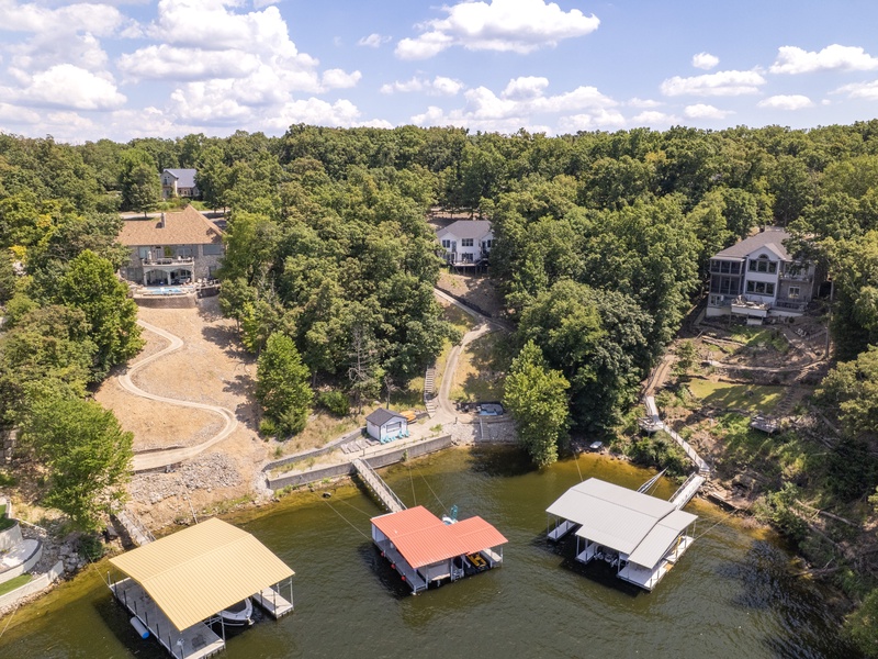 Aerial view of the dock and the house
