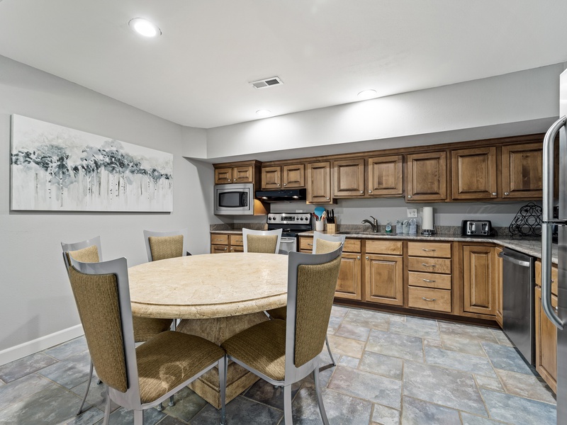 Lower level kitchen and dining table