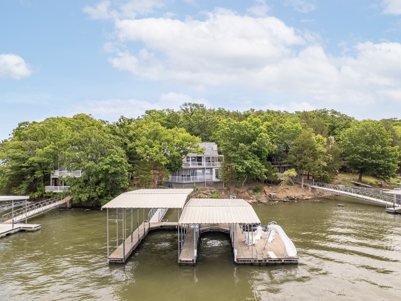 Aerial view of the dock and the house