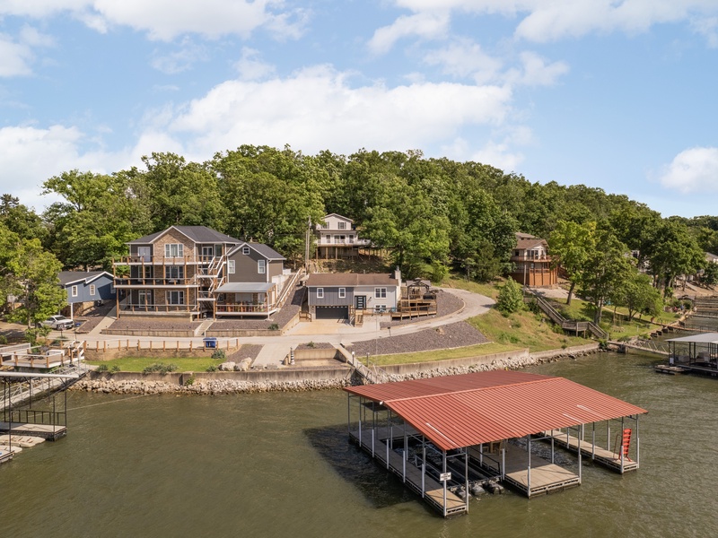 Aerial view of the dock and the house